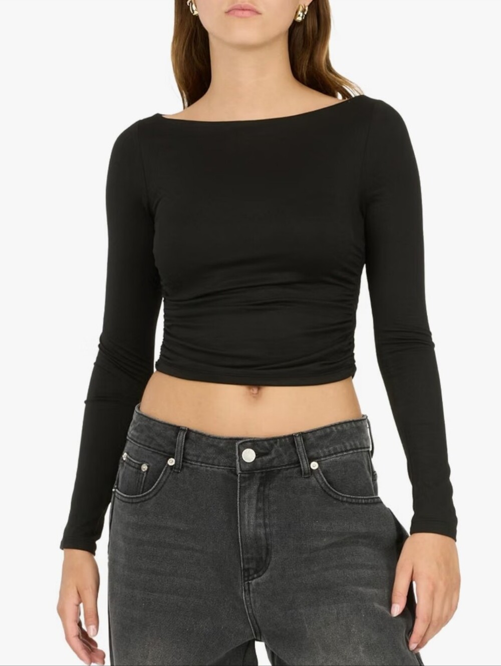 Forever 21 Women's Long Sleeve Ruched Crop Top-Fitted Stretch Shirt